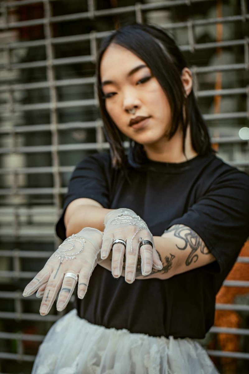 Bead Embroidered Tulle Gloves, "Moon" Print - Stashe