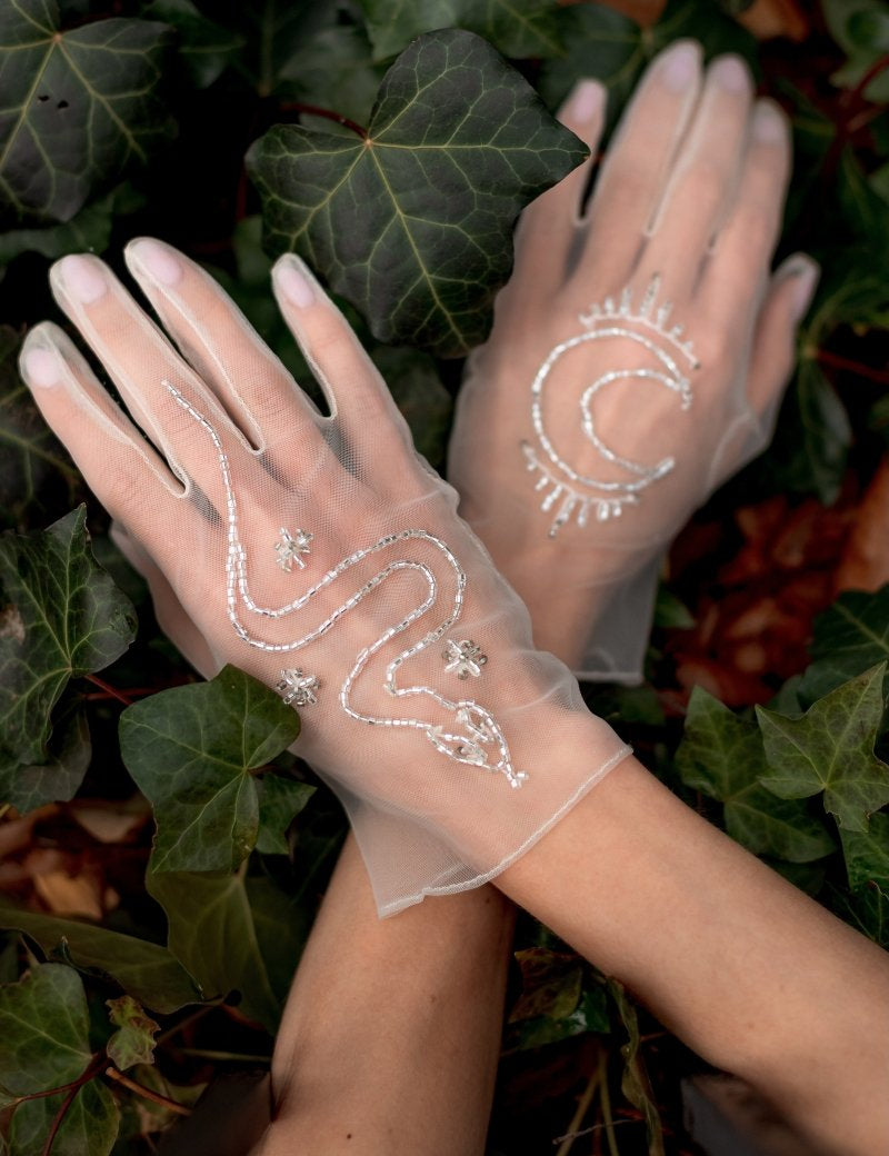 Bead Embroidered Tulle Gloves, "Moon" Print - Stashe