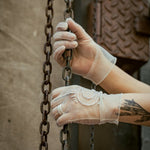 Bead Embroidered Tulle Gloves, "Moon" Print - Stashe