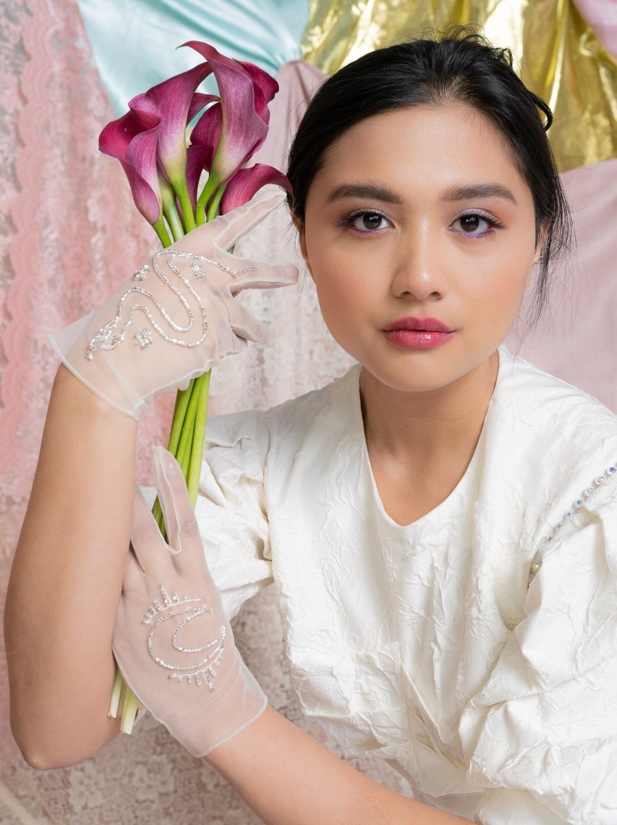 Bead Embroidered Tulle Gloves, "Moon" Print - Stashe
