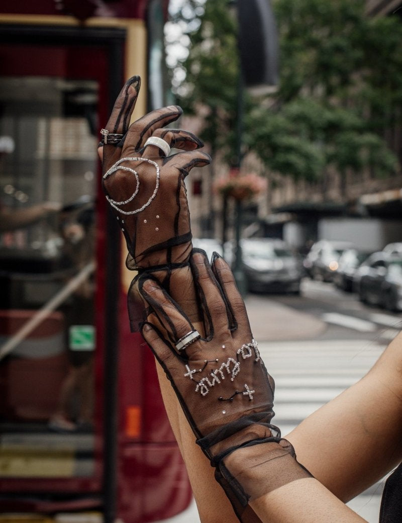 Bead Embroidered Tulle Gloves, "Night" Print - Stashe