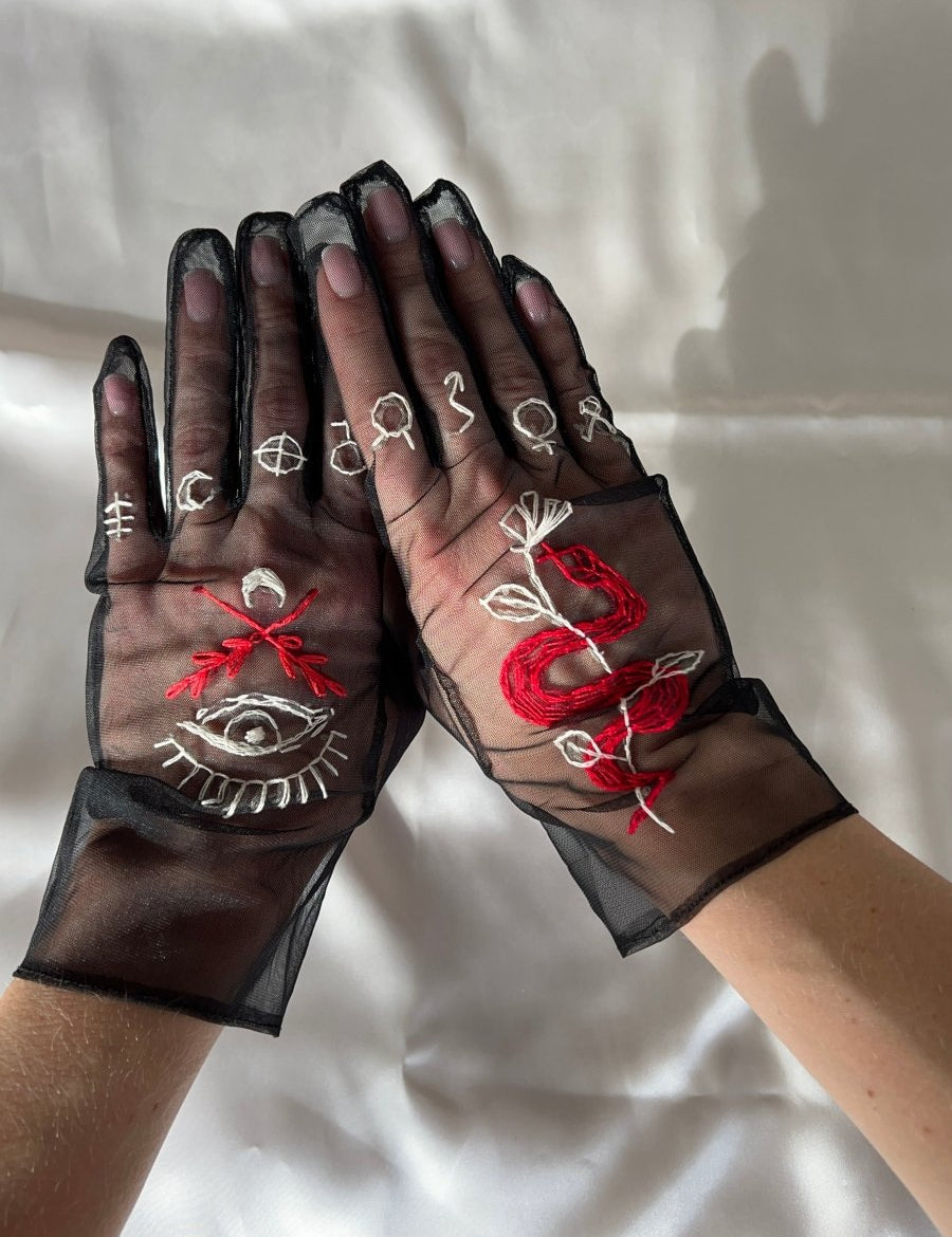 Embroidered Tulle Gloves, "Tarot" in Black - Stashe