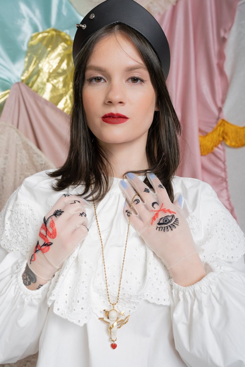 Embroidered Tulle Gloves, "Tarot" in White - Stashe