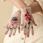 Embroidered Tulle Gloves, "Tarot" in White - Stashe