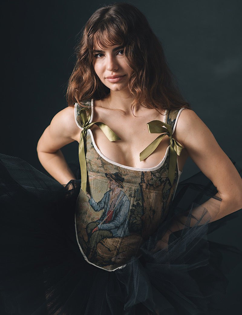 Lace-up Vintage Tapestry Corset Top, "Sitting Boy” Print, Size S-M (US 4-8) - Stashe