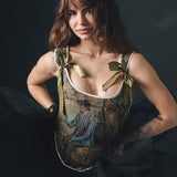 Lace-up Vintage Tapestry Corset Top, "Sitting Boy” Print, Size S-M (US 4-8) - Stashe