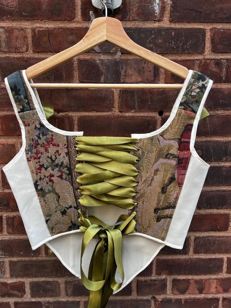 Lace-up Vintage Tapestry Corset Top, "Sitting Boy” Print, Size S-M (US 4-8) - Stashe
