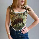 Lace-up Vintage Tapestry Corset Top, “Whitetail Deer at the Edge of a Forest Pond” Pattern