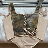 Lace-up Vintage Tapestry Corset Top, "Scenic River” Pattern,
