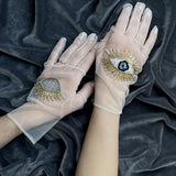Hand Beaded Tulle Gloves, "Eyes” in White