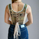 Lace-up Vintage Tapestry Corset Top, “Whitetail Deer at the Edge of a Forest Pond” Pattern