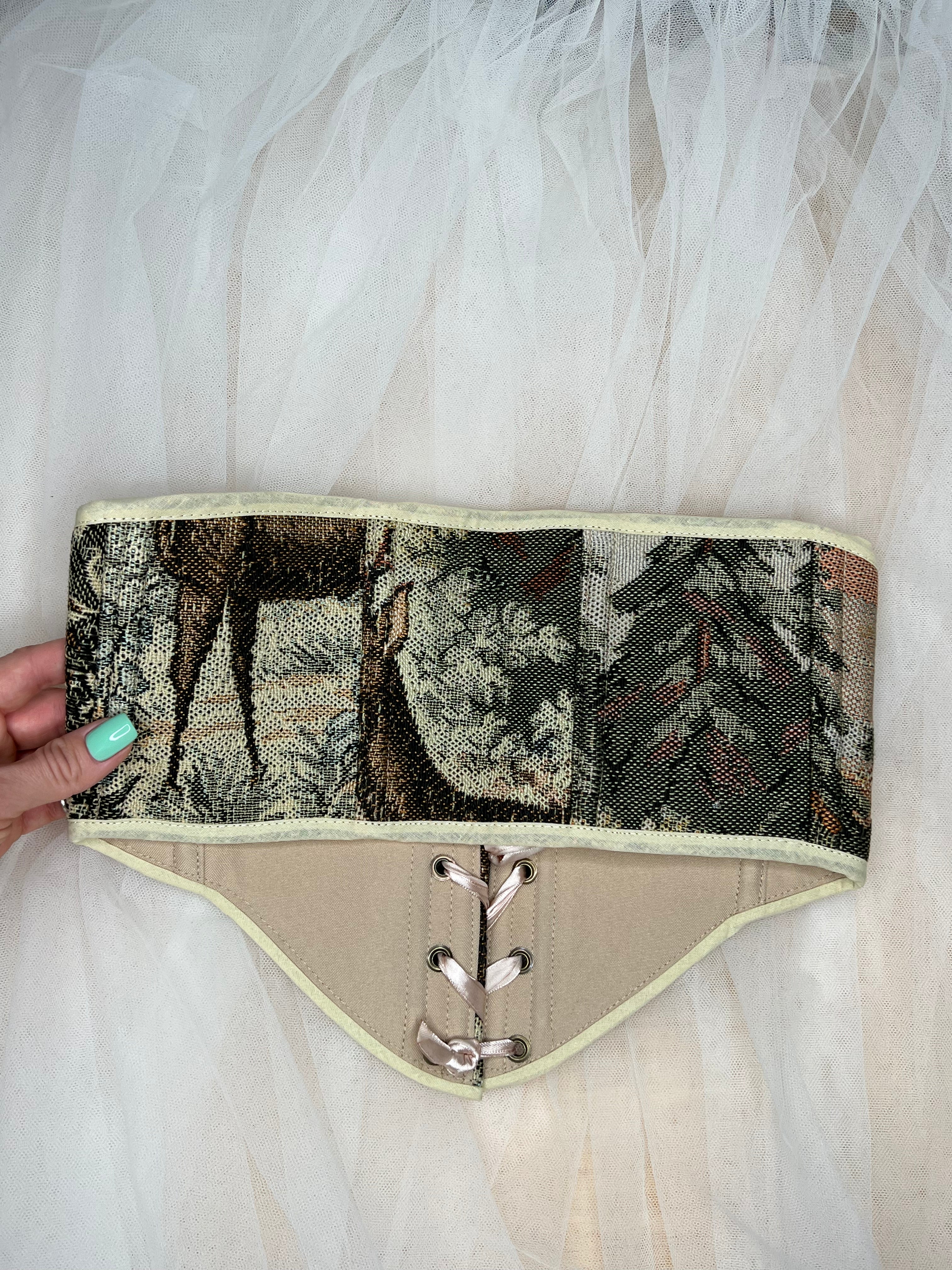 Vintage Tapestry Lace-up Corset Belt, “Deer Scene” pattern