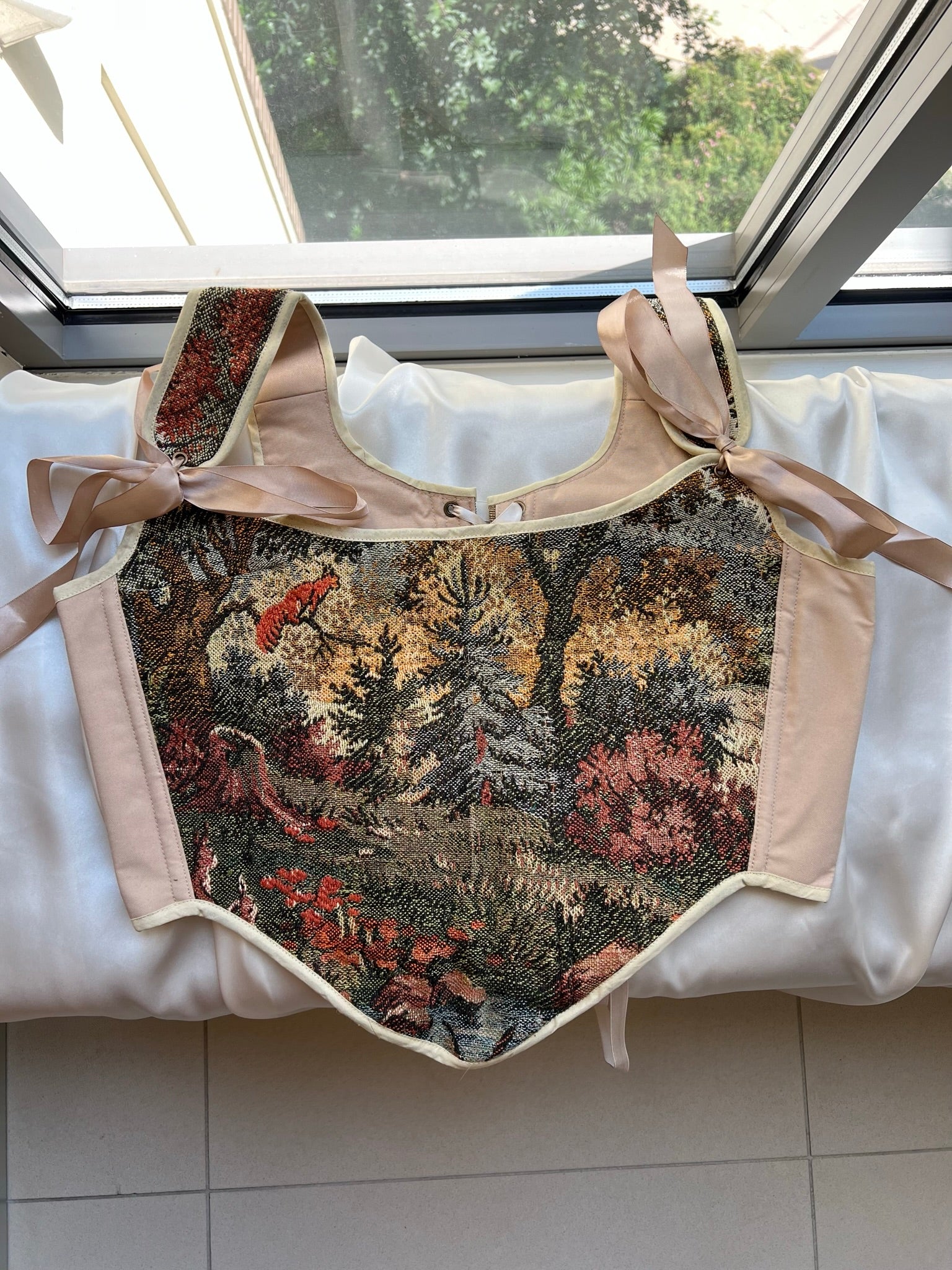 Lace-up Vintage Tapestry Corset Top, "Fox in Meadow” Pattern, Size L (US 10-16)