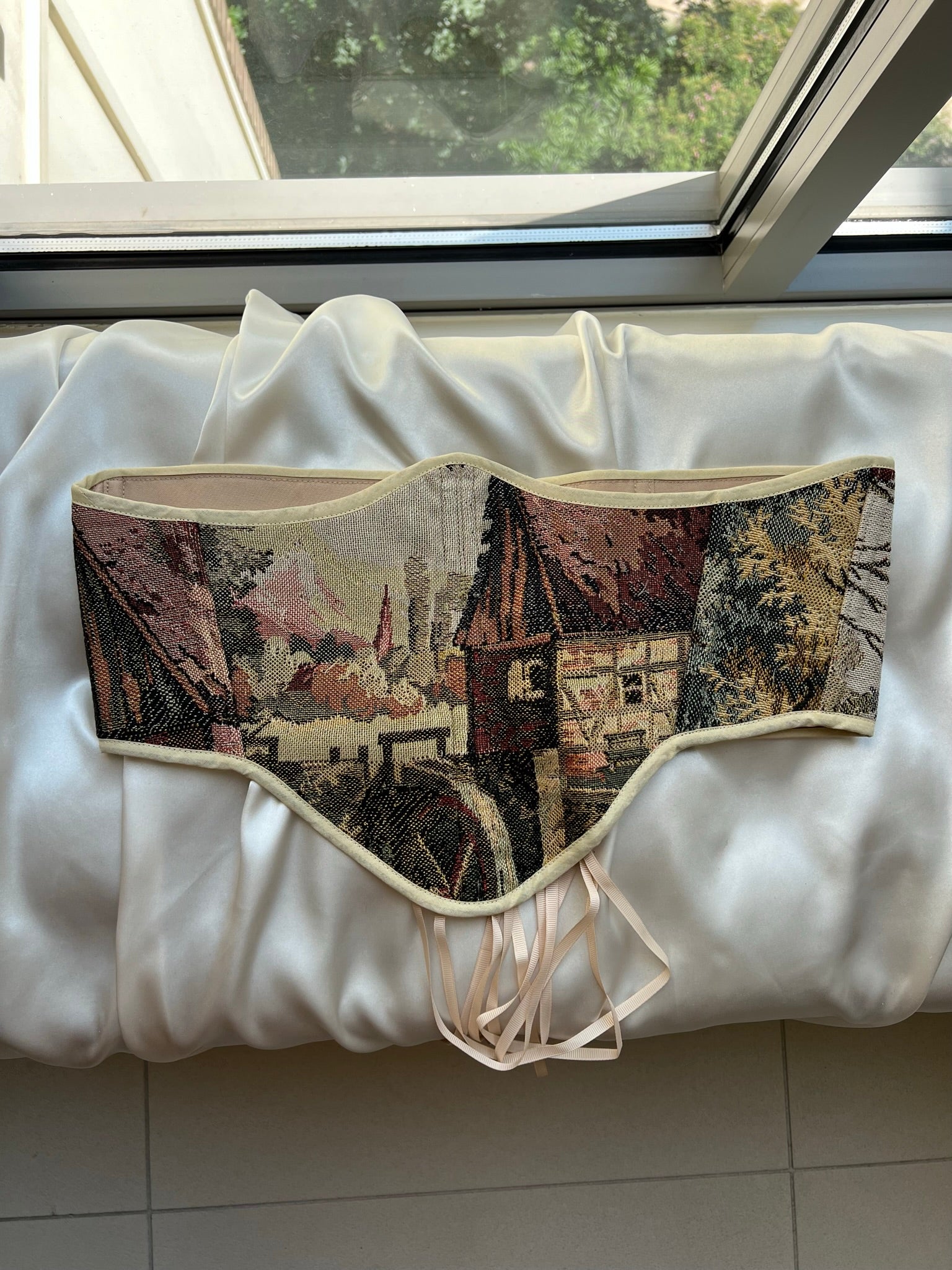 Vintage Tapestry Back Lace-up Corset Belt, "Scenic Windmill” Pattern, Size L (US 10-18)