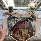 Lace-up Vintage Tapestry Corset Top, "Cottage House in Woods” Pattern,