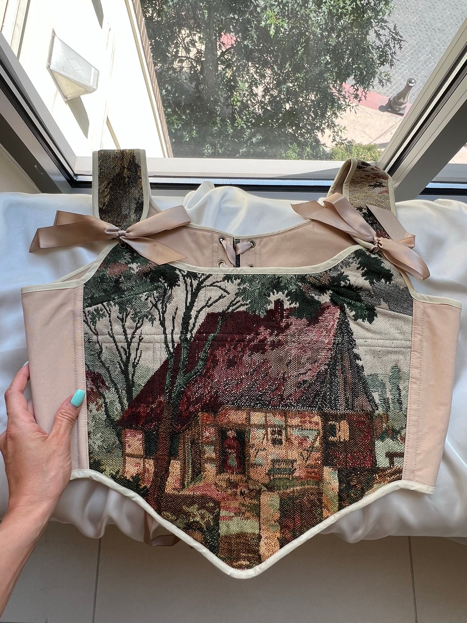 Lace-up Vintage Tapestry Corset Top, "Cottage House in Woods” Pattern, Size L (US 10-16)