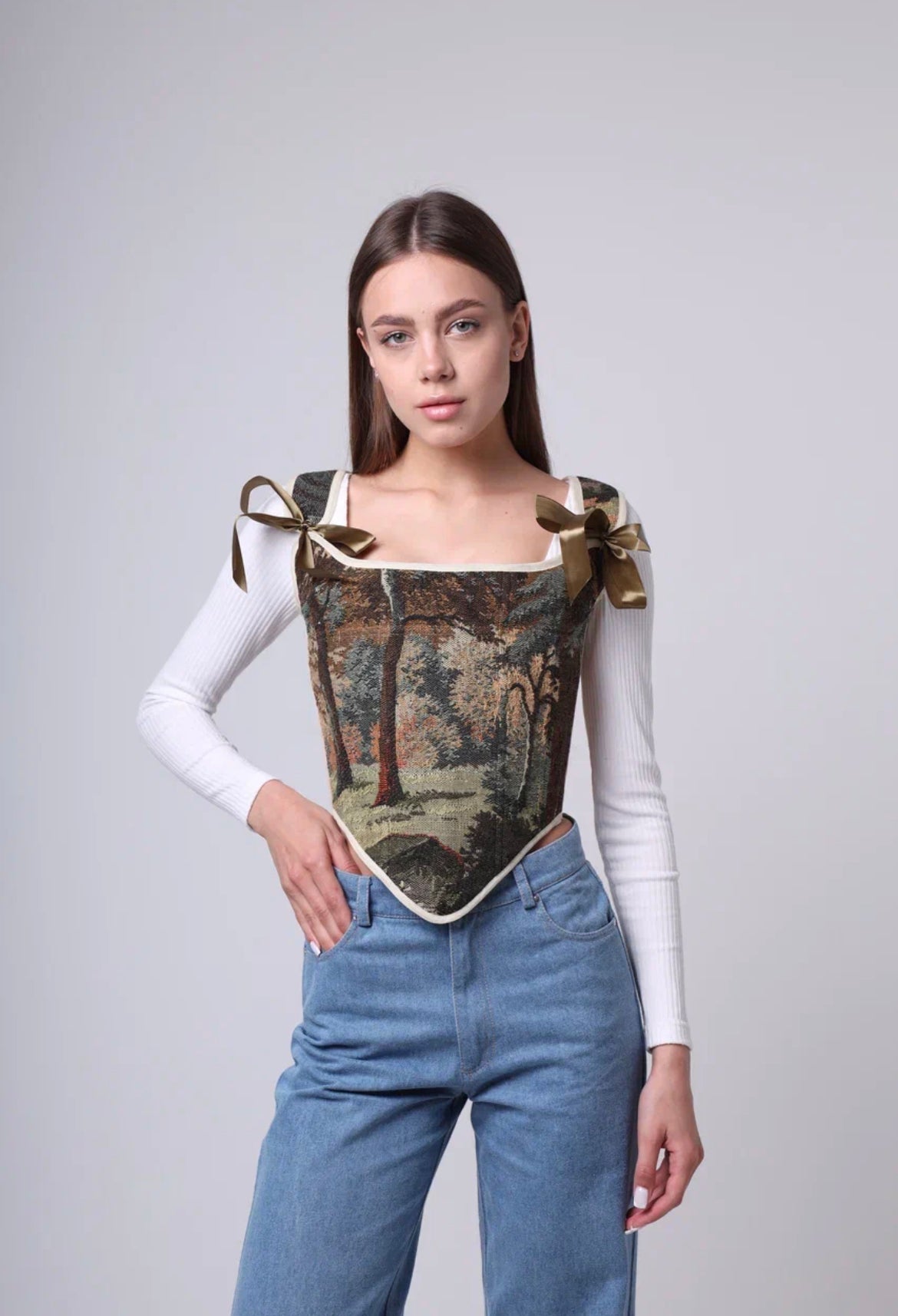 NEW Lace-up Vintage Tapestry Corset Top, "Scenic Woods” Print, Size XS-S (US 0-4)
