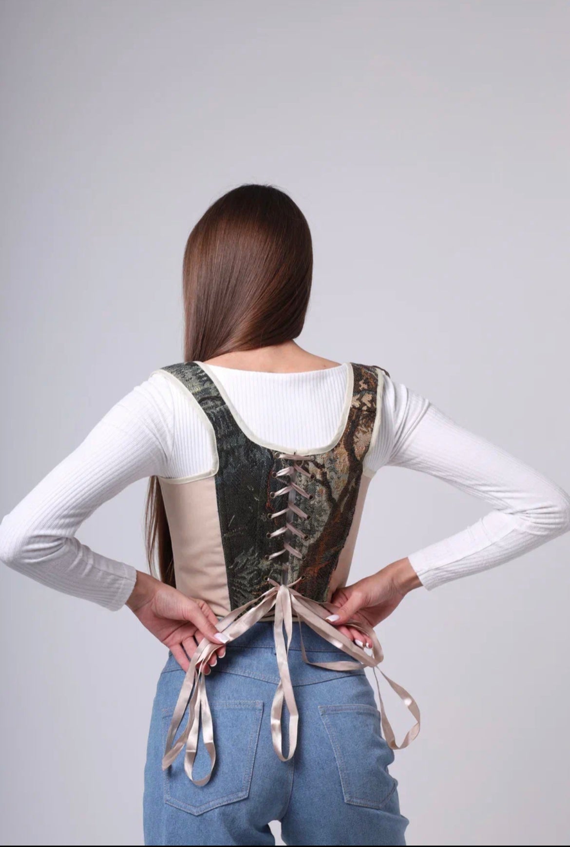 NEW Lace-up Vintage Tapestry Corset Top, "Scenic Woods” Print, Size XS-S (US 0-4)
