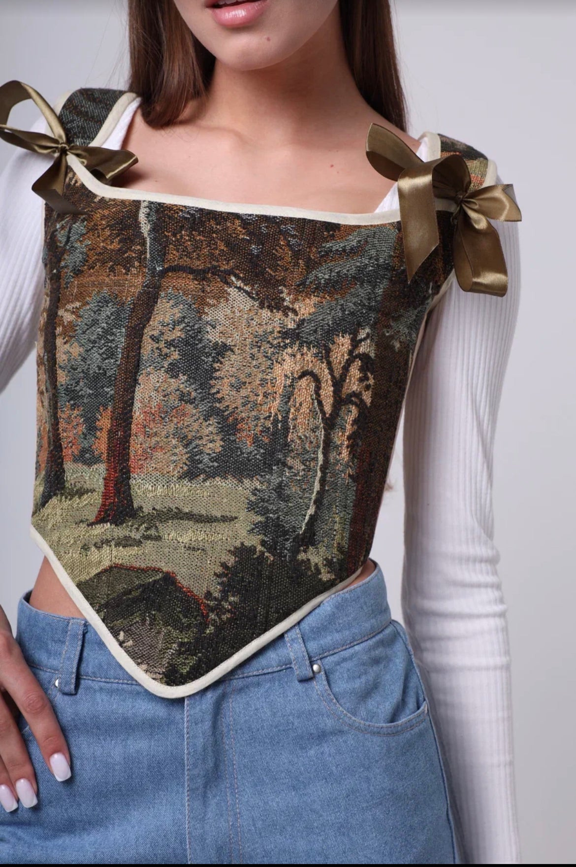 NEW Lace-up Vintage Tapestry Corset Top, "Scenic Woods” Print, Size XS-S (US 0-4)
