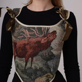 Lace-up Vintage Tapestry Corset Top, “Whitetail Deer in the Forest” Pattern