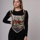 Lace-up Vintage Tapestry Corset Top, “Scenic Cottage in the Woods” Pattern