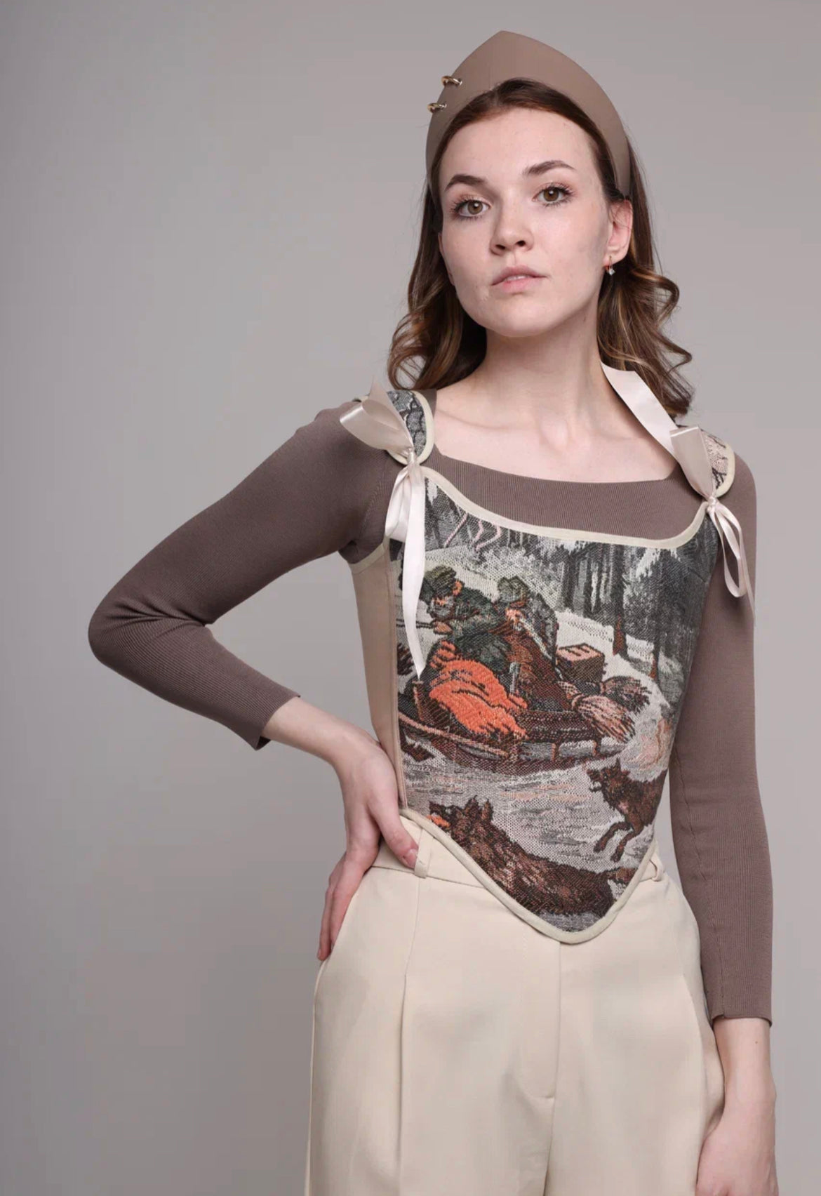 NEW Lace-up Vintage Tapestry Corset Top, "Hunting Scene” Pattern, Size S-M (US 4-8)
