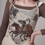 Lace-up Vintage Tapestry Corset Top, "Horses” Pattern