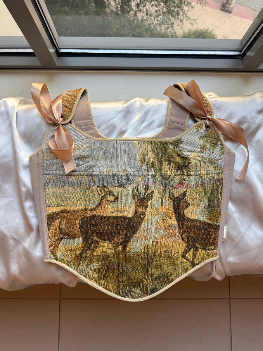 Lace - up Vintage Tapestry Corset Top, “Antlersong” - Stashe