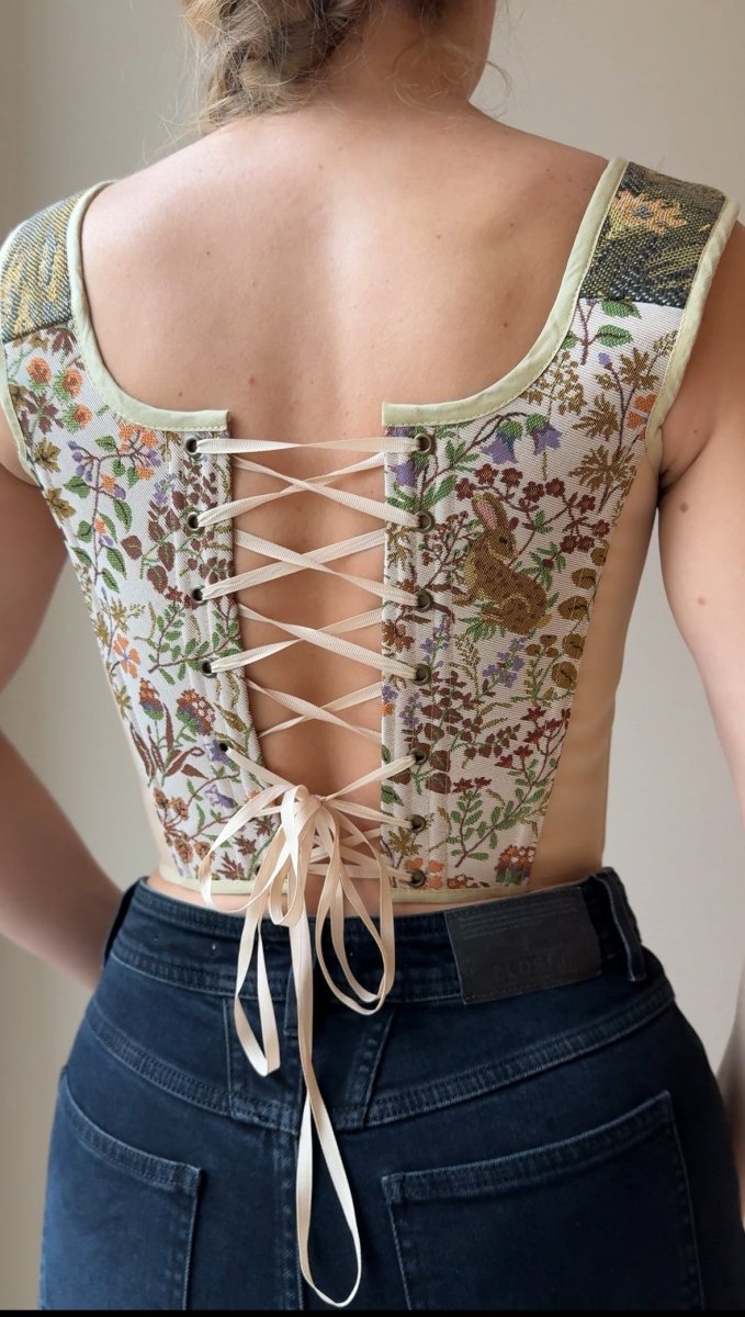 Lace - up Vintage Tapestry Corset Top, "Country Pond” Pattern - Stashe