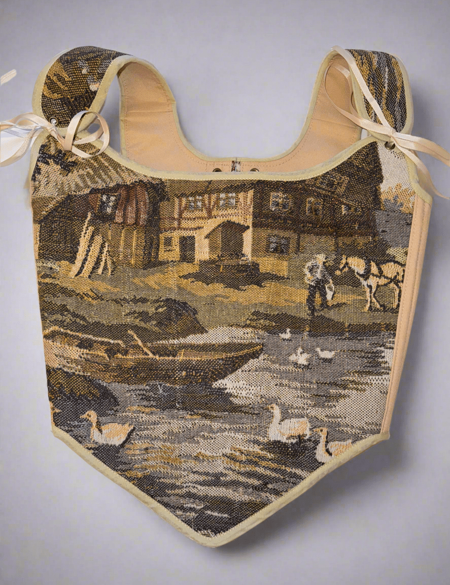 Lace - up Vintage Tapestry Corset Top, "Country Pond” Pattern - Stashe