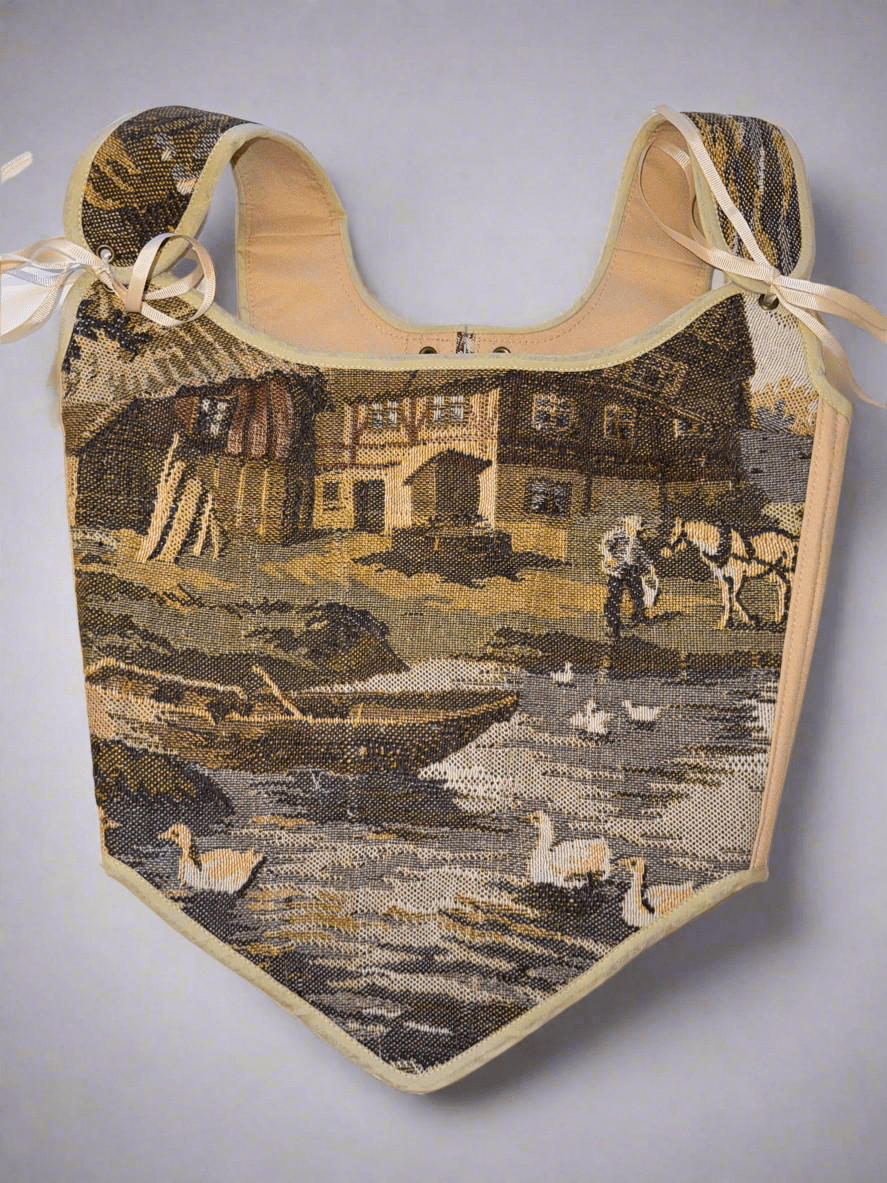 Lace - up Vintage Tapestry Corset Top, "Country Pond” Pattern - Stashe