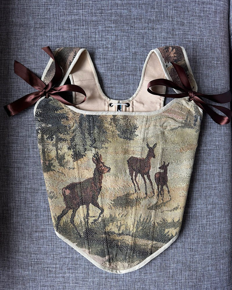 Lace - up Vintage Tapestry Corset Top, "Deer” Pattern - Stashe