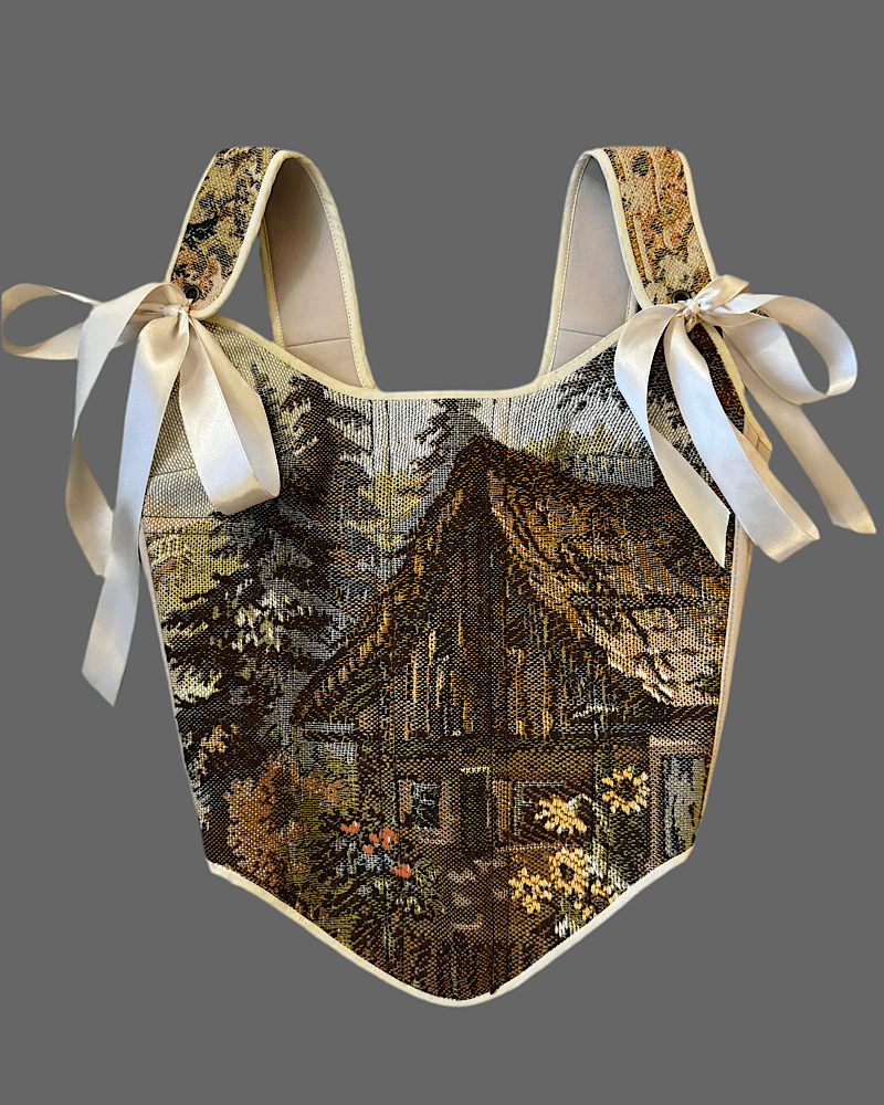 Lace - up Vintage Tapestry Corset Top, "Forest Hut” Pattern - Stashe
