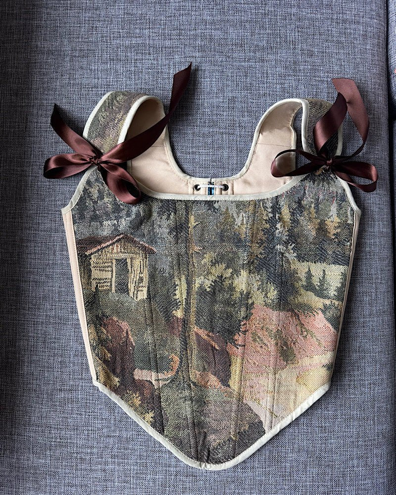 Lace - up Vintage Tapestry Corset Top, “Forest Scene” Pattern - Stashe