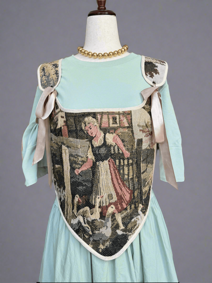 Lace - up Vintage Tapestry Corset Top, "Girl with Geese” Pattern - Stashe