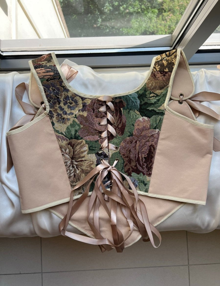 Lace - up Vintage Tapestry Corset Top, "Girl with Geese” Pattern - Stashe