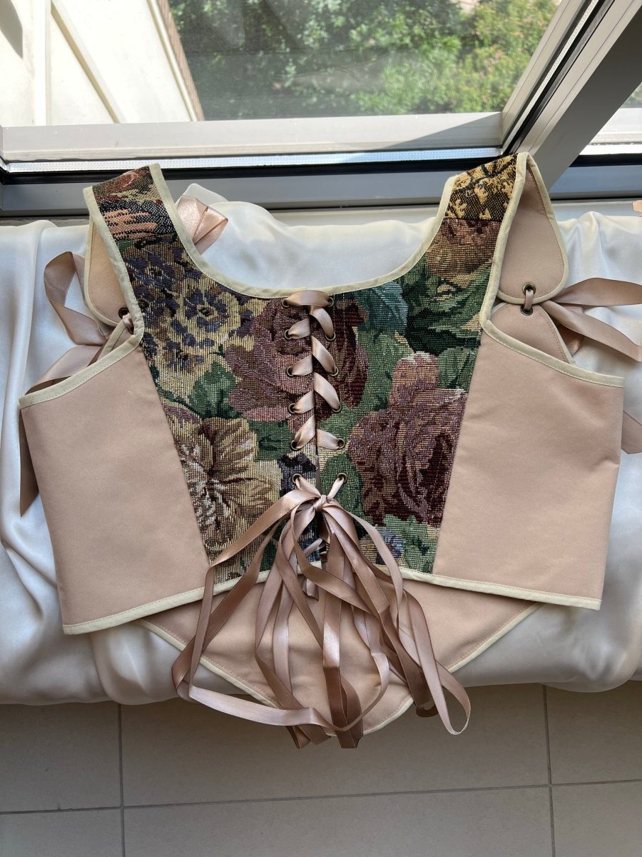 Lace - up Vintage Tapestry Corset Top, "Girl with Geese” Pattern - Stashe