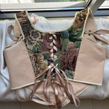 Lace - up Vintage Tapestry Corset Top, "Girl with Geese” Pattern - Stashe
