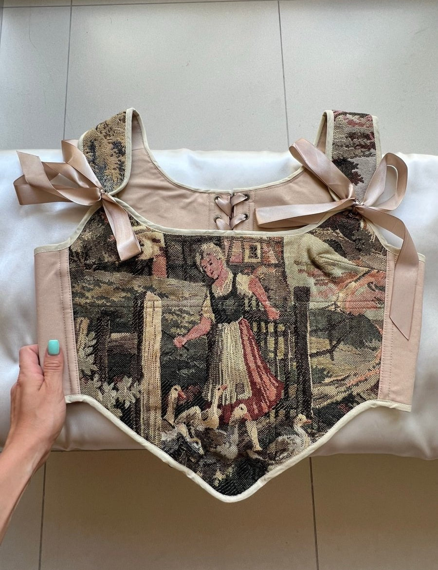 Lace - up Vintage Tapestry Corset Top, "Girl with Geese” Pattern - Stashe