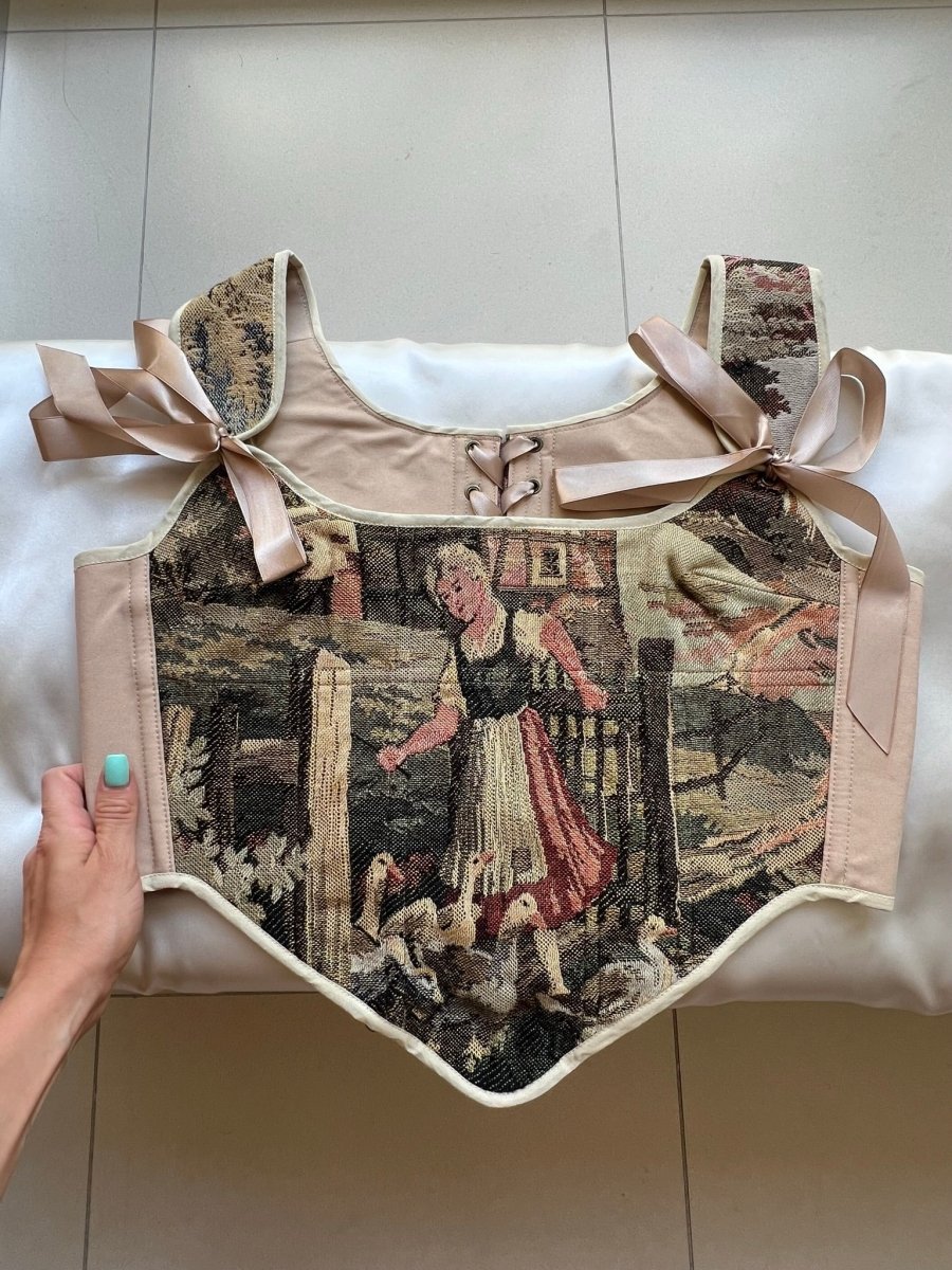 Lace - up Vintage Tapestry Corset Top, "Girl with Geese” Pattern - Stashe