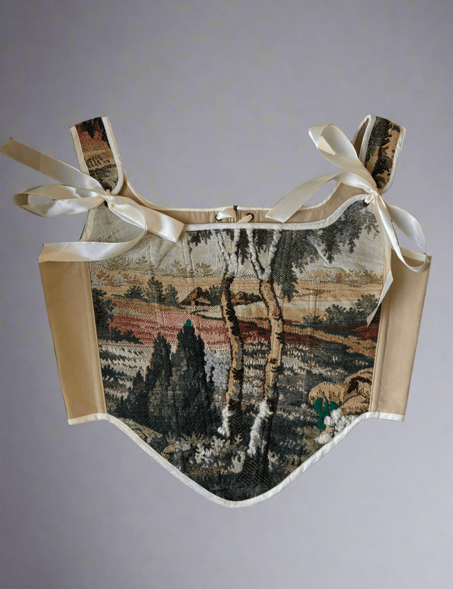 Lace - up Vintage Tapestry Corset Top, “Meadowlight” - Stashe