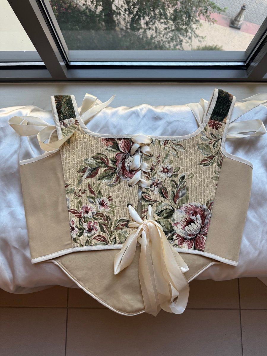 Lace - up Vintage Tapestry Corset Top, “Meadowlight” - Stashe