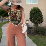 Lace - up Vintage Tapestry Corset Top, "Moose in the Woods” Print - Stashe