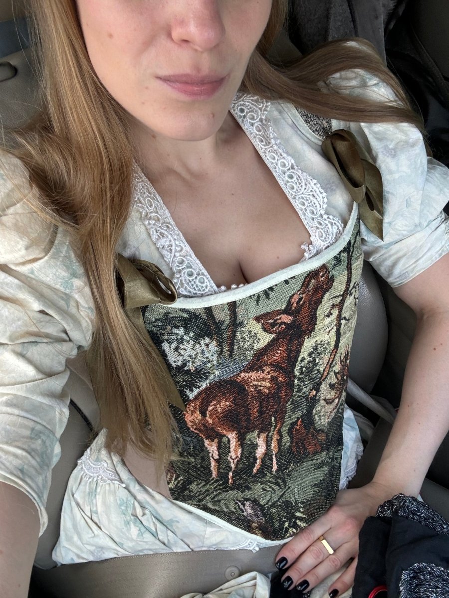 Lace - up Vintage Tapestry Corset Top, "Moose in the Woods” Print - Stashe
