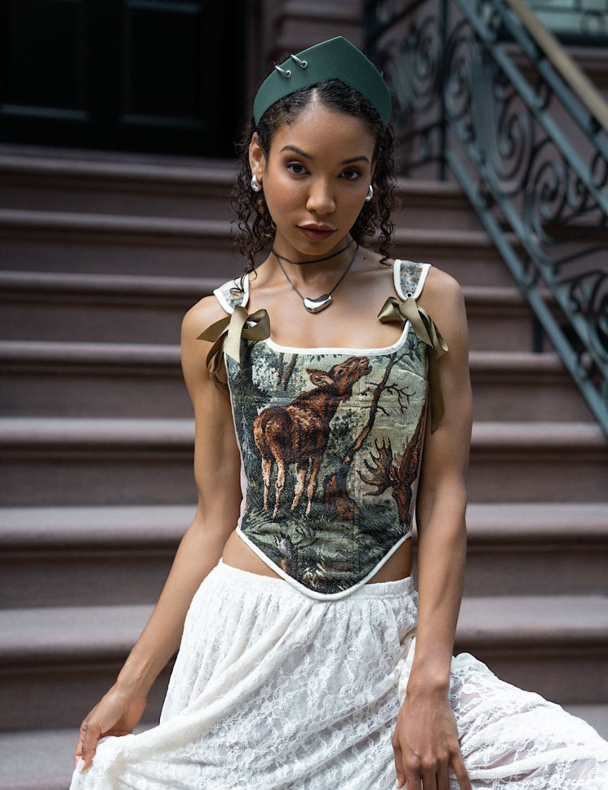 Lace - up Vintage Tapestry Corset Top, "Moose in the Woods” Print - Stashe