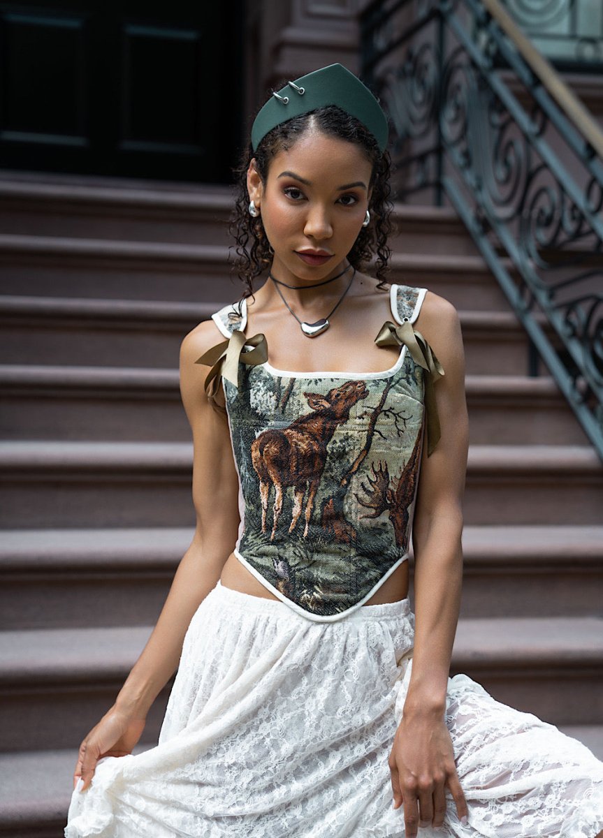 Lace - up Vintage Tapestry Corset Top, "Moose in the Woods” Print - Stashe
