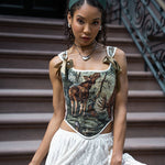 Lace - up Vintage Tapestry Corset Top, "Moose in the Woods” Print - Stashe