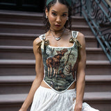 Lace - up Vintage Tapestry Corset Top, "Moose in the Woods” Print - Stashe