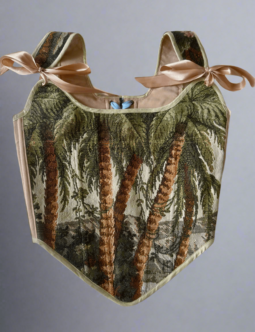 Lace - up Vintage Tapestry Corset Top, "Palm Trees” Pattern - Stashe