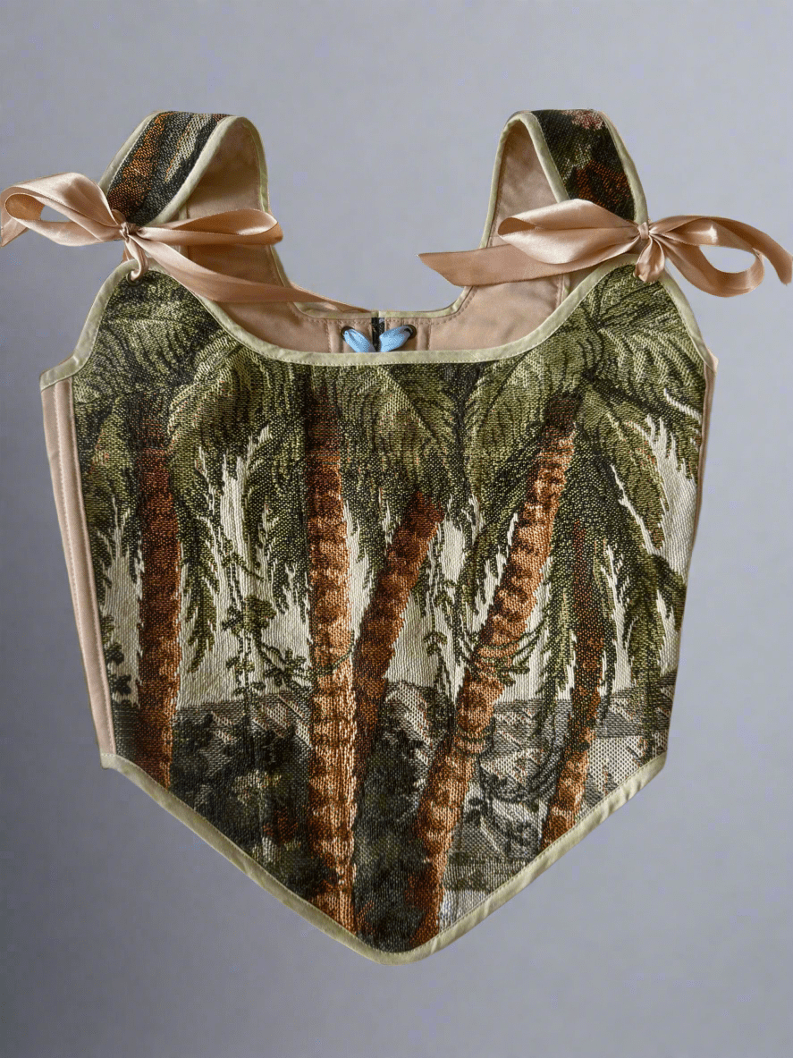 Lace - up Vintage Tapestry Corset Top, "Palm Trees” Pattern - Stashe